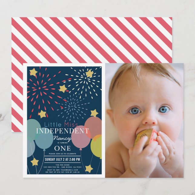 Little Miss Oberoende Fireworks Photo Birthday Inbjudningar (Fram/baksida)