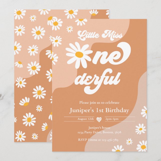 Little Miss ONE001st Birthday Boho Daisy Inbjudningar (Fram/baksida)