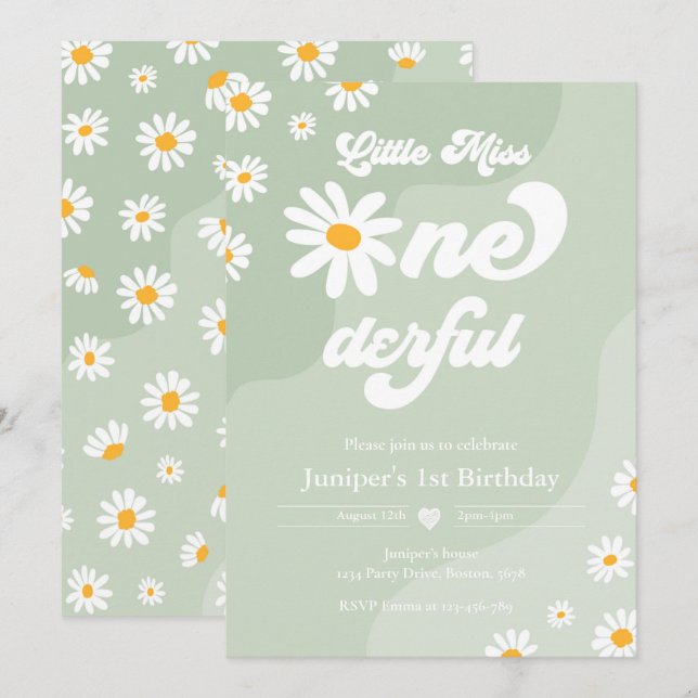 Little Miss ONE001st Birthday Boho Daisy Inbjudningar (Fram/baksida)
