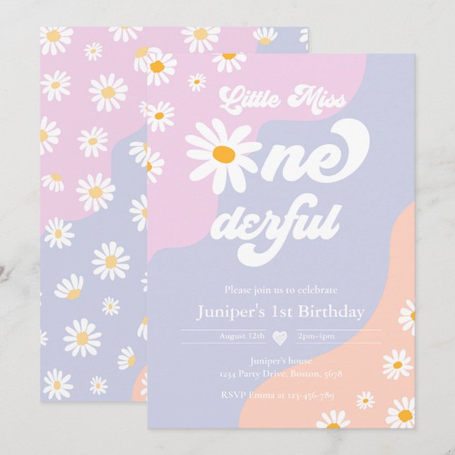Little Miss ONE001st Birthday Boho Daisy Inbjudningar (Fram/baksida)