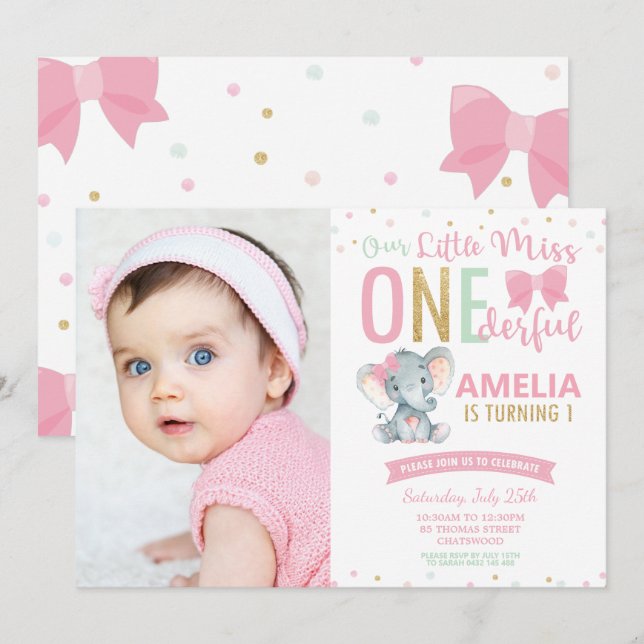 Little Miss ONE001st Birthday Elephant Photo Inbjudningar (Fram/baksida)