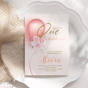 Little Miss ONE00 Rosa Blommigt 1:a födelsedagen Inbjudningar