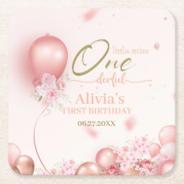 Little Miss ONE00 Rosa Blommigt 1:a födelsedagen Underlägg Papper Kvadrat