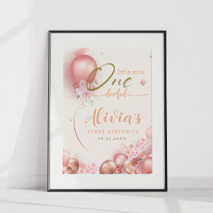 Little Miss ONE00 Rosa Blommigt Birthday Poster