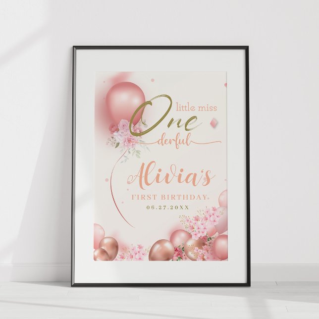 Little Miss ONE00 Rosa Blommigt Birthday Poster (Skapare uppladdad)