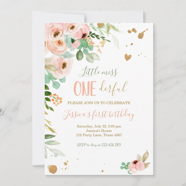 Little Miss Onederful 1:a Birthday Inbjudan Blommi (Framsida)
