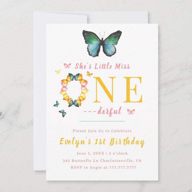 Little Miss Onederful Boho Butterfly 1st Birthday Inbjudningar (Framsida)
