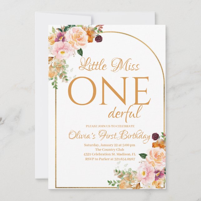 Little Miss Onederful Boho Flowers Birthday Inbjudningar (Framsida)