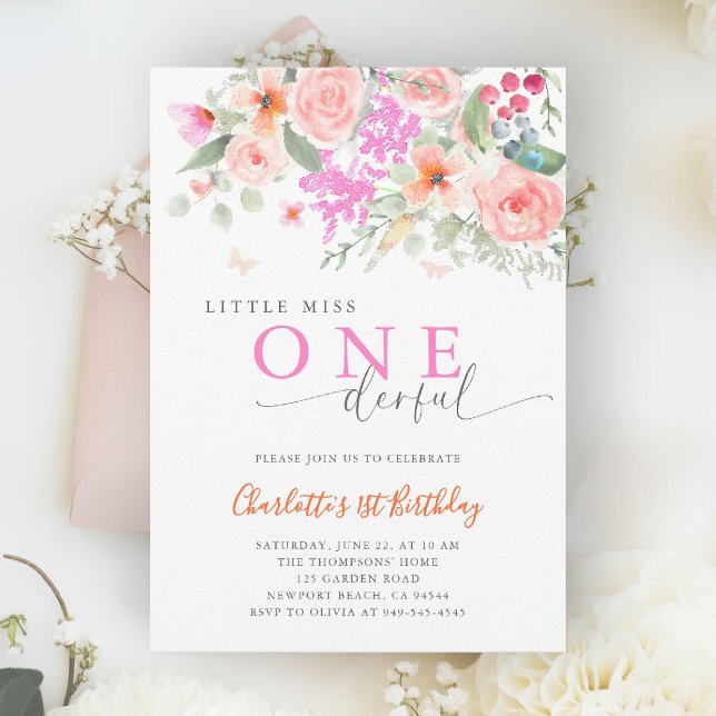 Little Miss Onederful Bright Girl 1st Birthday Inbjudningar (little miss onederful girls 1st birthday invite colorful garden wildflowers watercolor calligraphy)