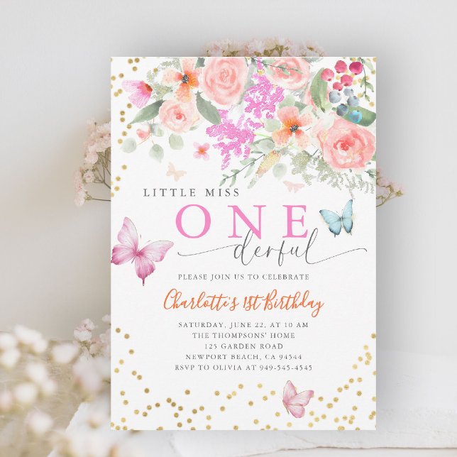 Little Miss Onederful Butterfly Girl 1st Birthday Inbjudningar (little miss onederful girls 1st birthday invite happy garden wildflowers butterflies watercolor chic)