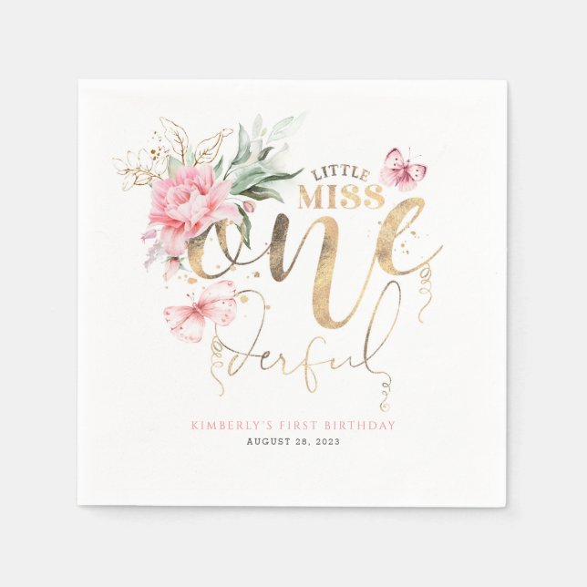 Little Miss Onederful Cute Blommigt 1st Birthday N Pappersservett (Framsidan)
