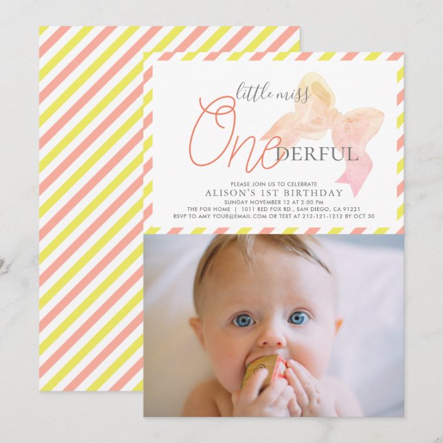 Little Miss ONEderful Girl Photo 1st Birthday Inbjudningar (Fram/baksida)