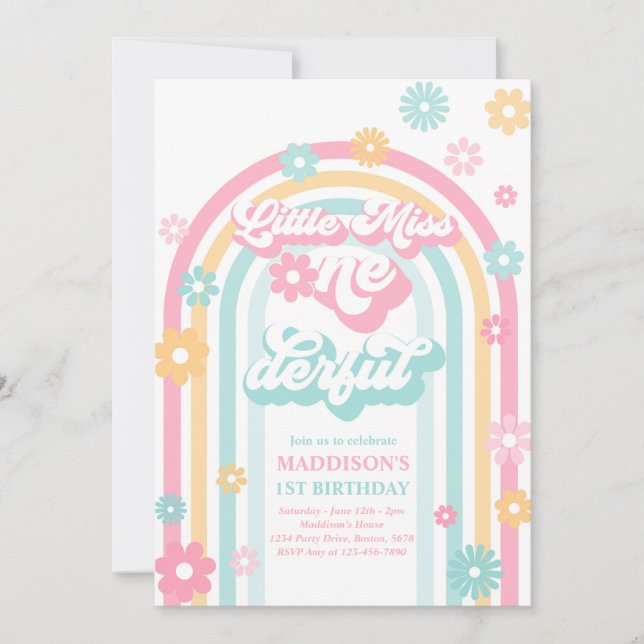 Little Miss Onederful Groovy Rainbow 1st Birthday Inbjudningar (Framsida)
