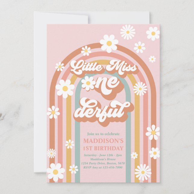 Little Miss Onederful Groovy Rainbow 1st Birthday Inbjudningar (Framsida)