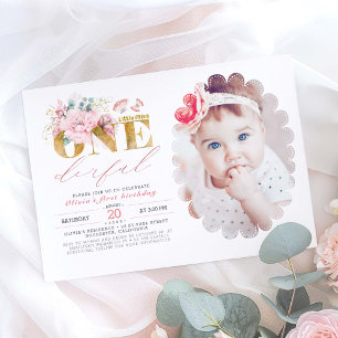 Little Miss ONEderful Guld 1:a födelsedagsfoto Inbjudningar