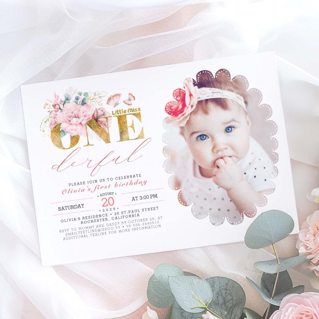 Little Miss ONEderful Guld 1:a födelsedagsfoto Inbjudningar (Little Mis One Derful 1st Birthday Photo Invitation)