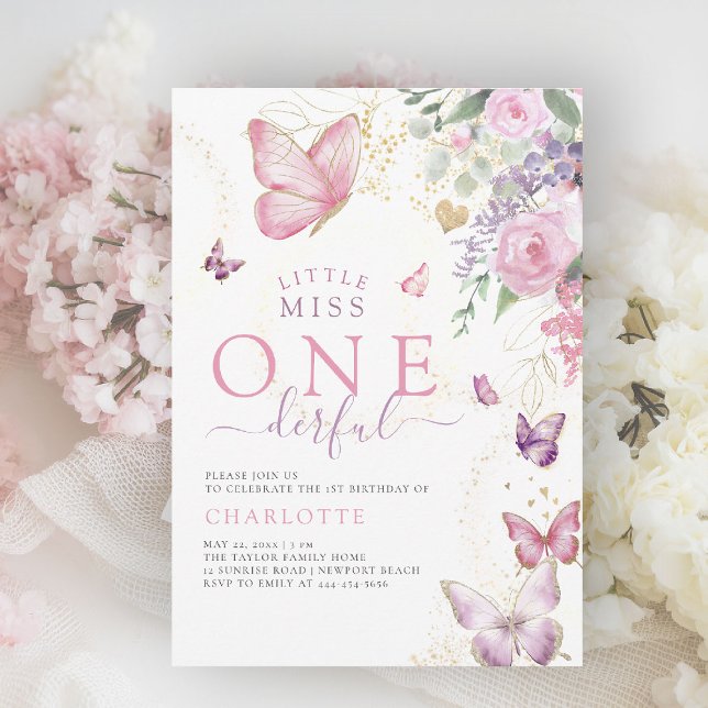 Little Miss Onederful Lush Blommigt 1:a födelsedag Inbjudningar (little miss onederful girls 1st birthday invite pink garden roses floral  butterflies watercolor)