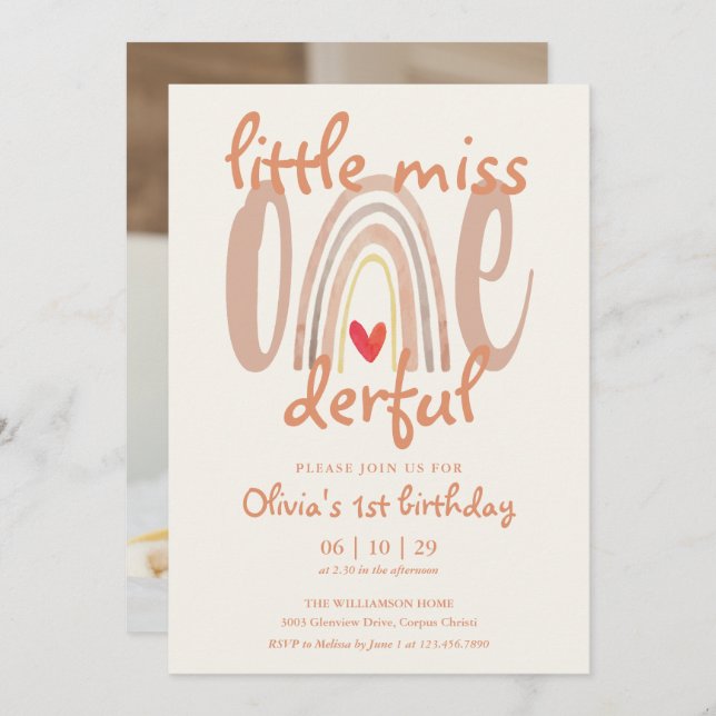 Little Miss Onederful Rainbow Photo 1st Birthday Inbjudningar (Fram/baksida)