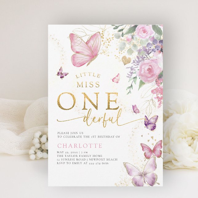 Little Miss Onederful Sunny Blommigt 1:a födelseda Inbjudningar (little miss onederful girls 1st birthday invite pink garden floral  butterflies watercolor elegant)