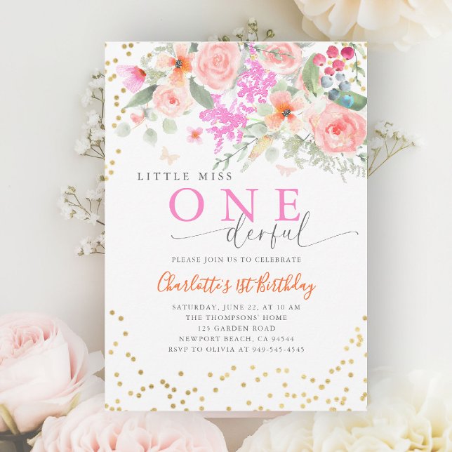 Little Miss Onederful Vibrant Girl 1st Birthday Inbjudningar (little miss onederful girls 1st birthday invite happy garden wildflowers watercolor calligraphy cute)