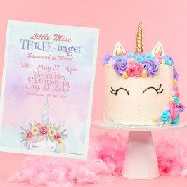 Little Miss Three-nager, Unicorn 3rd Birthday Inbjudningar