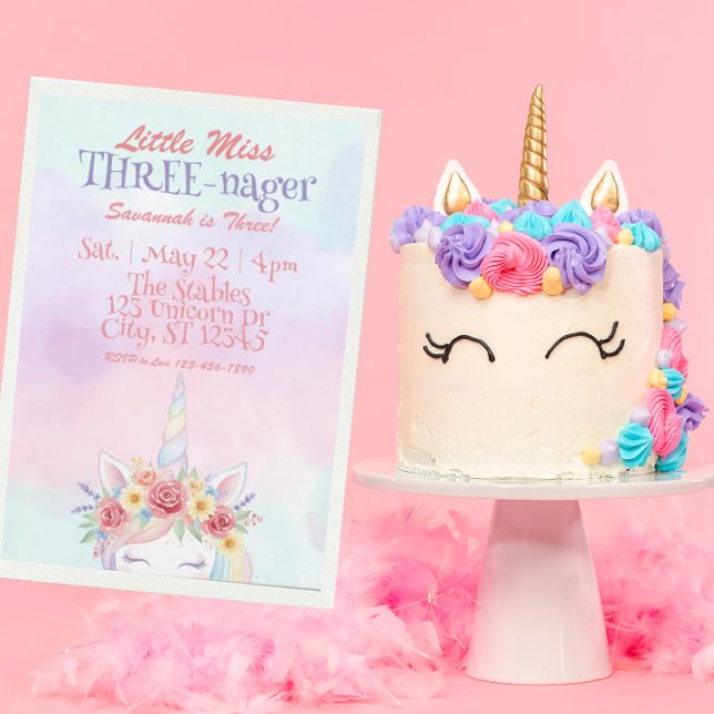 Little Miss Three-nager, Unicorn 3rd Birthday Inbjudningar (Skapare uppladdad)