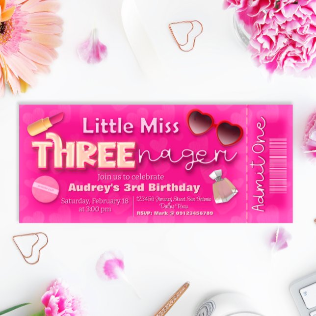 Little Miss Threenager - 3:e födelsedagen Biljett Inbjudningar (Little Miss Threenager - Girl 3rd Birthday Ticket Invitation)