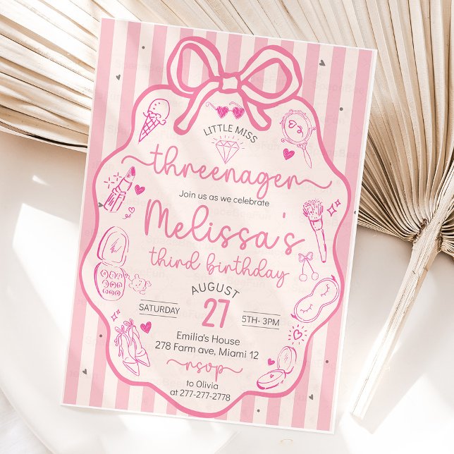 Little Miss Threenager Coquette Bow Inbjudningar (Little Miss,Threenager, invitation, Pink Coquette,Hand Drawn invite, Bow invites,Fashion & Makeup,Gi)