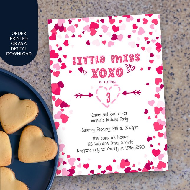 Little Miss XOXO Rosa Kärlek Hearts Girls Birthday Inbjudningar (Little Miss XOXO Bright Pink Girls Birthday Invitation)