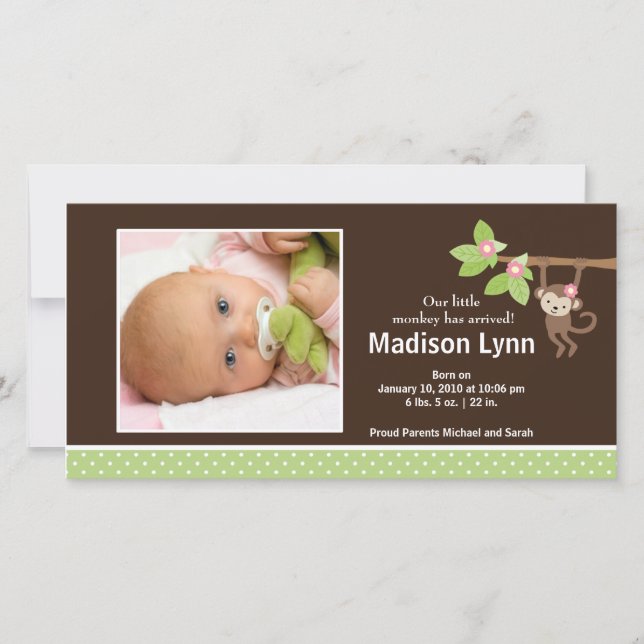 Little Monkey Flicka Photo Announcement Meddelande (Framsida)