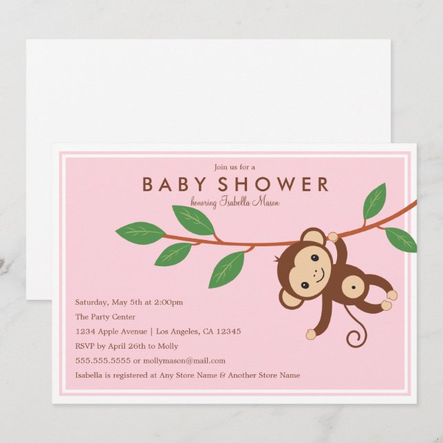 Little Monkey - Rosa | Baby Shower Inbjudan (Fram/baksida)