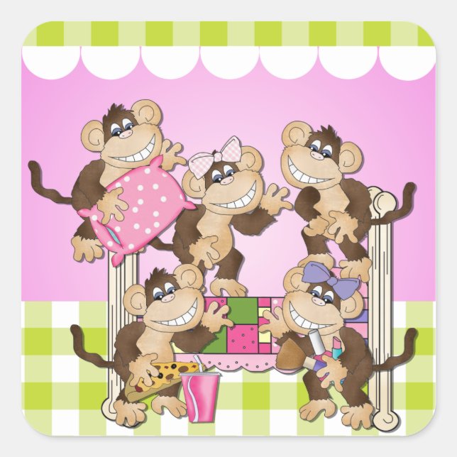 Little Monkey Sleepover Stickers Fyrkantigt Klistermärke (Framsida)