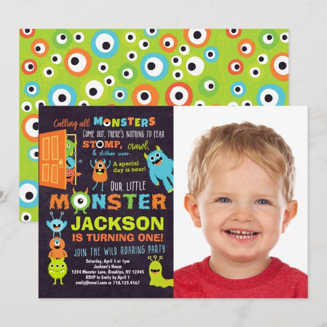 Little Monster 1:a födelsedag Fotoinbjudan Inbjudningar (Fram/baksida)
