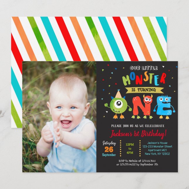 Little Monster 1st Birthday Party-inbjudningar Inbjudningar (Fram/baksida)