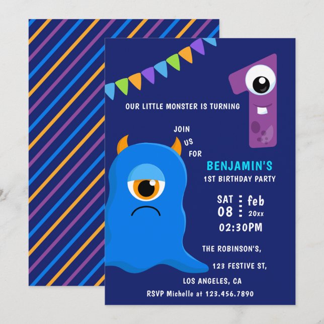 Little Monster Boy 1st Birthday Party Inbjudningar (Fram/baksida)
