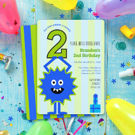 Little Monster Boy 2nd Birthday Blue Grönt Rand Inbjudningar