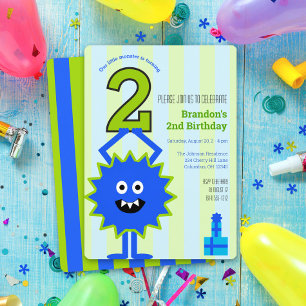 Little Monster Boy 2nd Birthday Blue Grönt Rand Inbjudningar