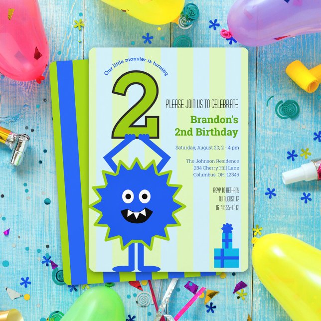 Little Monster Boy 2nd Birthday Blue Grönt Rand Inbjudningar (Skapare uppladdad)