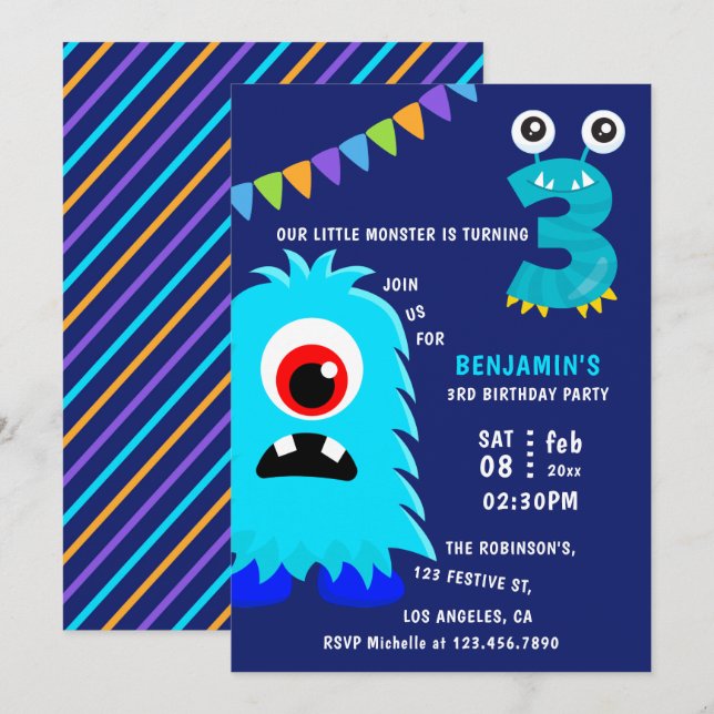Little Monster Boy 3rd Birthday Party Inbjudningar (Fram/baksida)