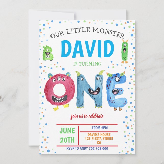 Little Monster Boy First Birthday Monsters Inbjudningar (Framsida)