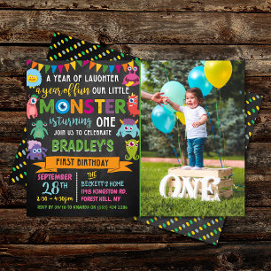 Little Monster Chalkboard 1:a Birthday Photo Inbjudningar