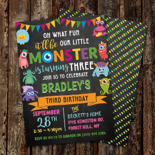 Little Monster Chalkboard 3:e födelsedagen Inbjudningar