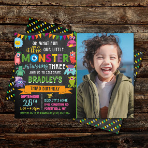 Little Monster Chalkboard 3rd Birthday Photo Inbjudningar