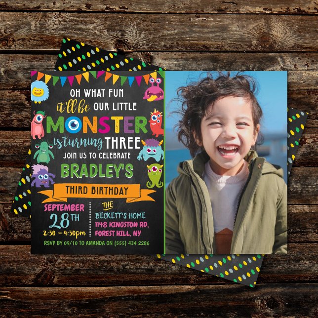 Little Monster Chalkboard 3rd Birthday Photo Inbjudningar (Skapare uppladdad)