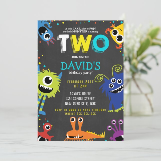 Little Monster Födelsedagsfest Chalk 2:a födelseda Inbjudningar (Stående Fram)
