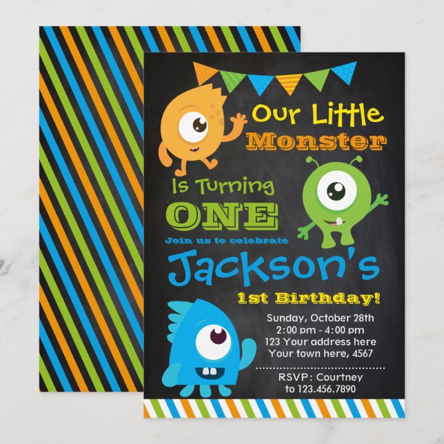 Little Monster Invitation, Chalkboard Inbjudningar (Fram/baksida)