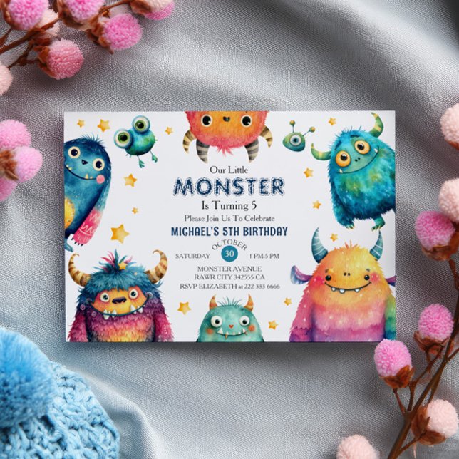 Little Monster Watercolor Kids Födelsedagsfest Inbjudningar (Skapare uppladdad)