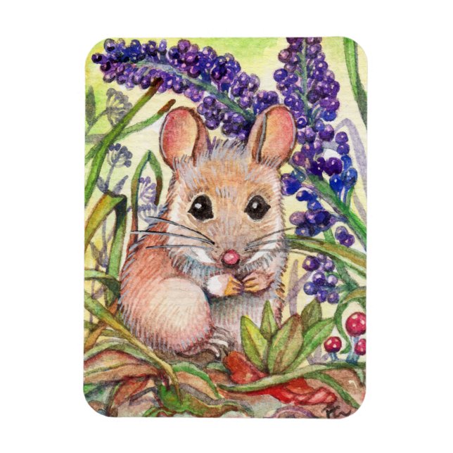 Little Mouse och Lila blommor Magnet (Vertikal)