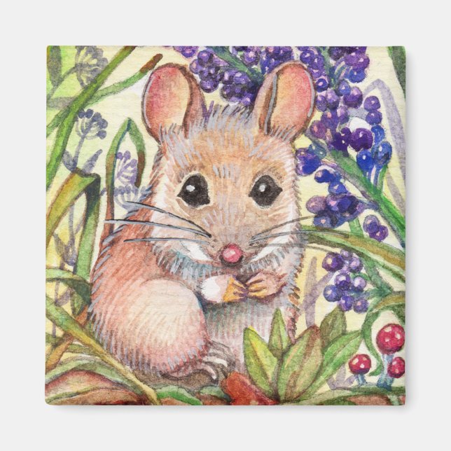 Little Mouse och Lila blommor Magnet (Framsidan)