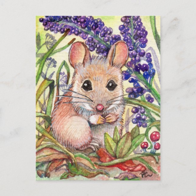 Little Mouse och Lila blommor Vykort (Framsida)